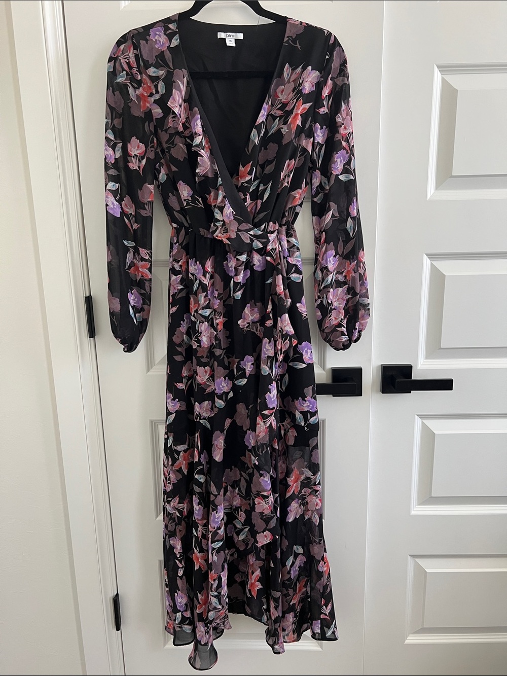 Bar III Black Maxi Wrap Style Dress with Purple & Pink Floral Print